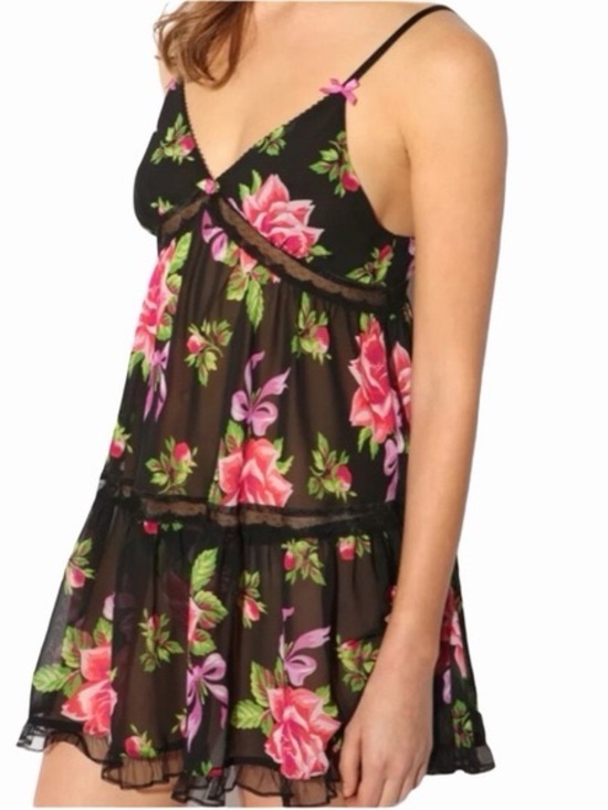 Betsey Johnson Dresses & Skirts - Betsey Johnson Black Sheer Floral Slip with Pink and Green Accents